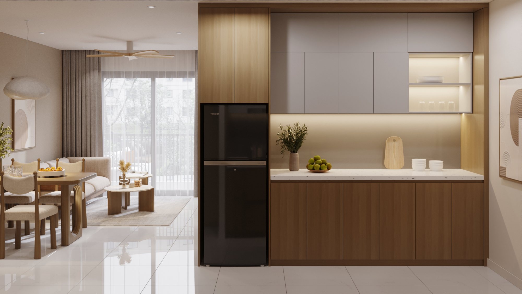Căn hộ mẫu 2PN B3 – phòng khách và bếp