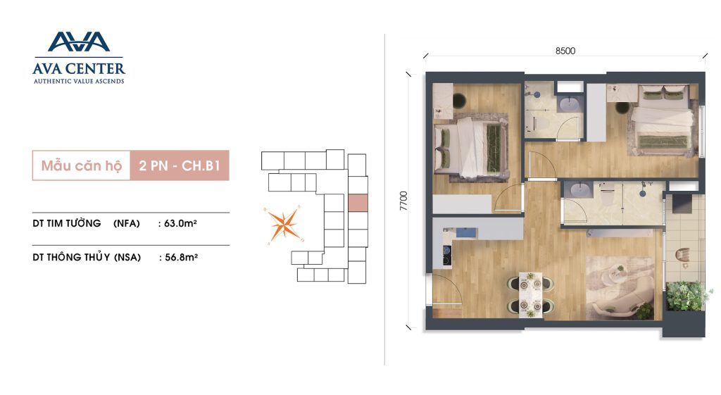 Mặt bằng căn hộ 2PN B1