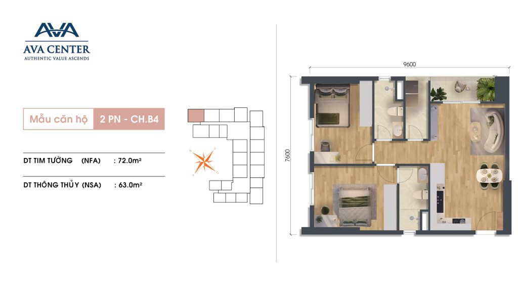 Mặt bằng căn hộ 2PN B4